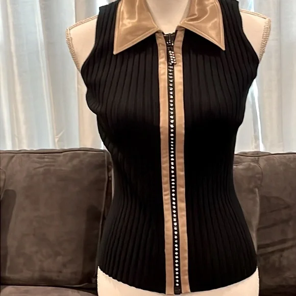 Belldini black sleeveless cardigan taupe and rhinestone